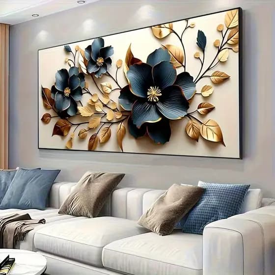 Quadro Decorativo Flores Nobres em Azul e Ouro Elegante Luxo Moderno