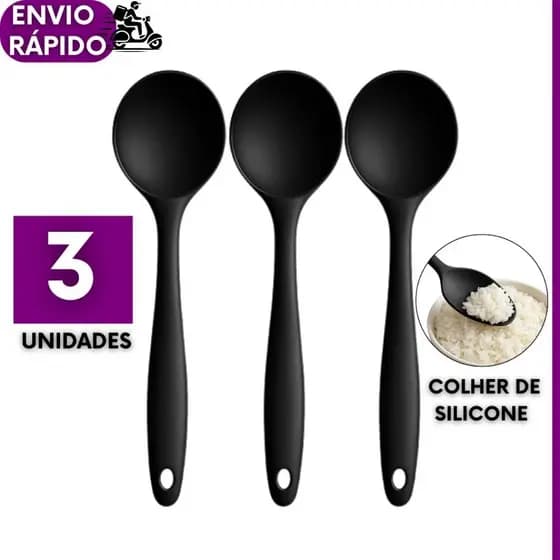 Kit 3 ou 2 Uni Colher Redonda de Silicone 27cm Grande Peças Preta Premium