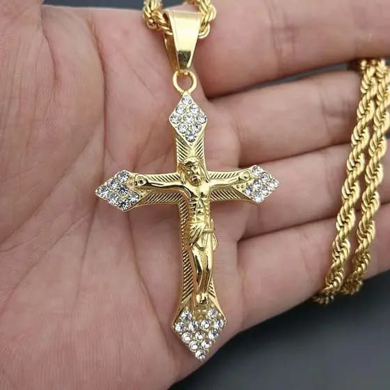 Moda homem retrô hip hop aço inoxidável 18K zircônia Jesus cruz pingente colar de jóias de festa