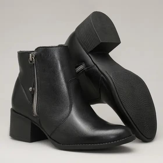 Bota Feminina Couro Legítimo Cano Baixo Zíper Lateral Confortável Macia Salto Baixo Premium Casual Dia a Dia Promoção