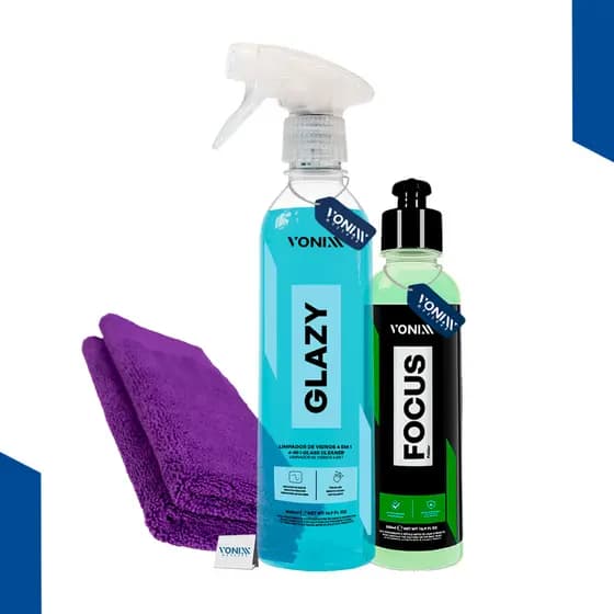 kit para vidros - Focus 240ml + Glazy 500ml + Toalha Pano Microfibra 40x40