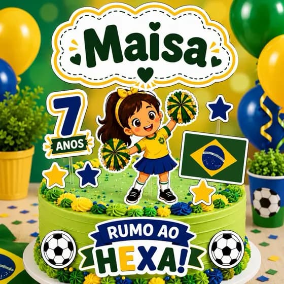 Topo/Topper de Bolo Brasil/Futebol MENINA Personalizado com NOME (Copa Do Mundo)