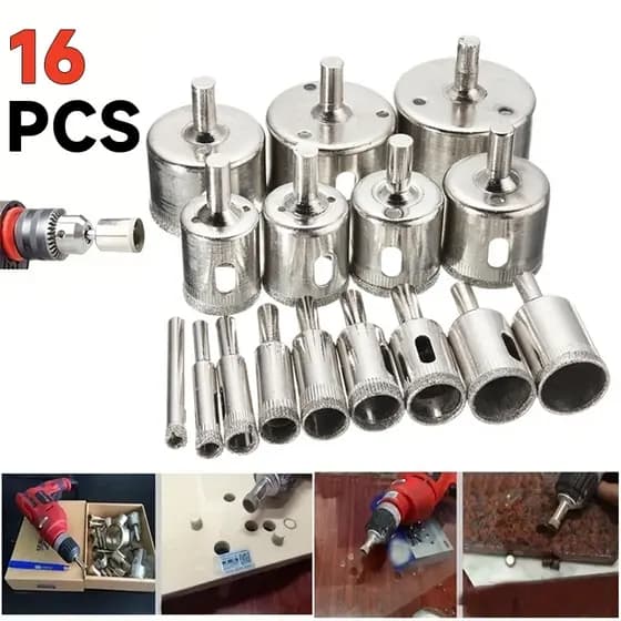 Jogo 16 Brocas Diamantadas Serra Copo furar Vidro Granito Ceramica 6 a 50 mm kit ferramentas