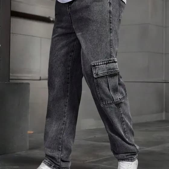 Calça Cargo Masculina Jeans Cós Elástico Larga Streetwear Estonada
