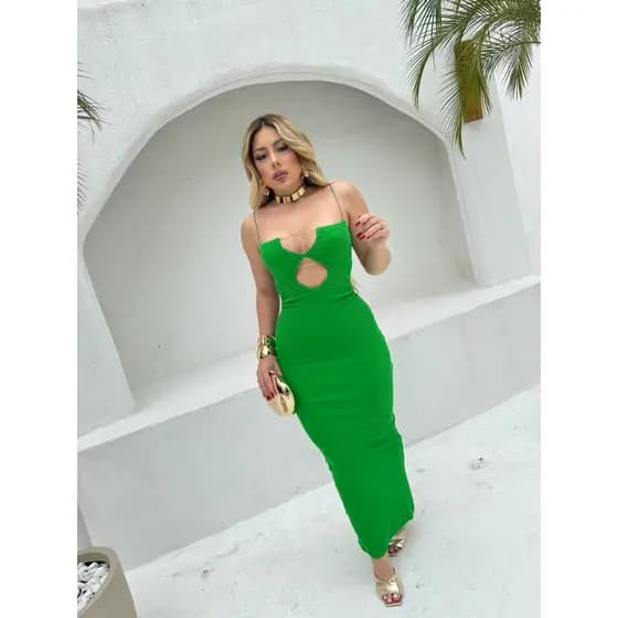 Vestido Jayne vestido longo com decote e e abertura nos seios de alcinha moda feminina
