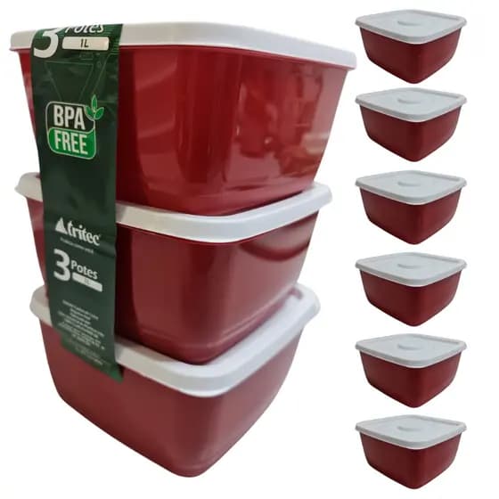 Kit Jogo 9 Potes de Plástico com Tampa de 1 Litro cada Pote Plástico Grande Free BPA Tritec