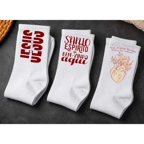 03 Pares de Meias Brancas de Algodão com Estampa Cristã