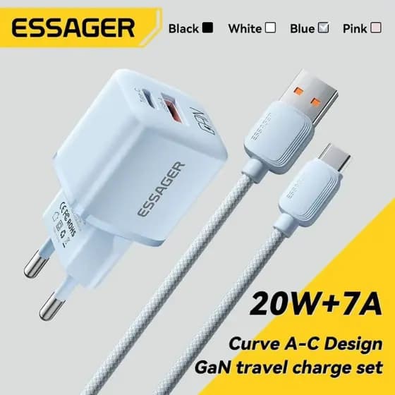 Carregador Essager Turbo GaN Tipo C+USBA+Cabo De Viagem 20W.