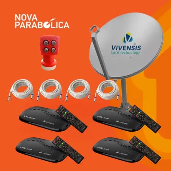 KIT Nova Antena Parabólica Digital + 4 Receptor HD VX10 Vivensis + LNBF Quádruplo + Cabos 4 TV
