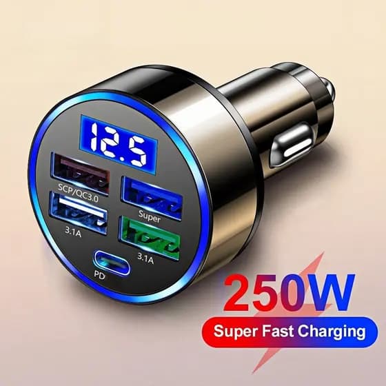 Carregador Veicular 66W PD+QC3.0 - Rápido com Display Digital, Metal Premium e Dupla Saída USB para Viagens