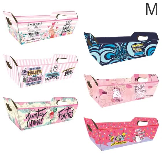 Kit Cesta De Papel Cartão Tema Mulher/Aniversário, Tamanho M ( Desmontada )