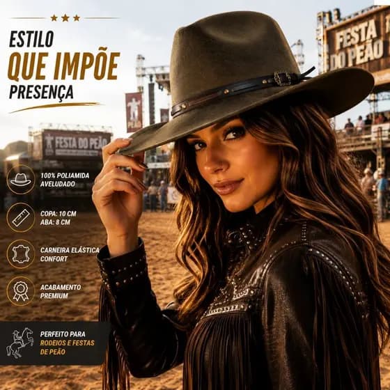 Chapéu Feminino Premium Boiadeira Country Cowboy Rodeio Barretos Festa de Peão Premium