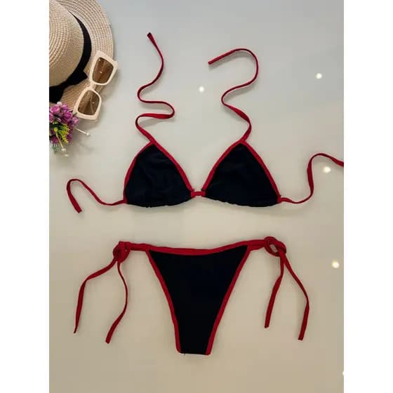 Biquini Sem Bojo Cortininha Preto E Vermelho