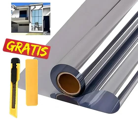 Película Insulfilm Prata/Preto Espelhada, Refletiva, Poliéster profissional, G5, Grátis Espátula