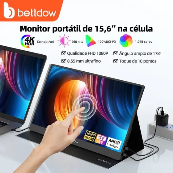 BETTDOW Tela, IPS Full HD de 15,6 Polegadas, Alto-falantes estéreo de toque duplo, ângulo de visão ultra amplo de 178°