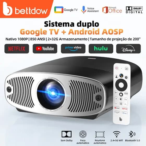 Projetor Bettdow 4K 25000 Lumens Full HD 1080p Compatível Com Android 9.0 Original Netflix + Google TV , 850 ANSI
