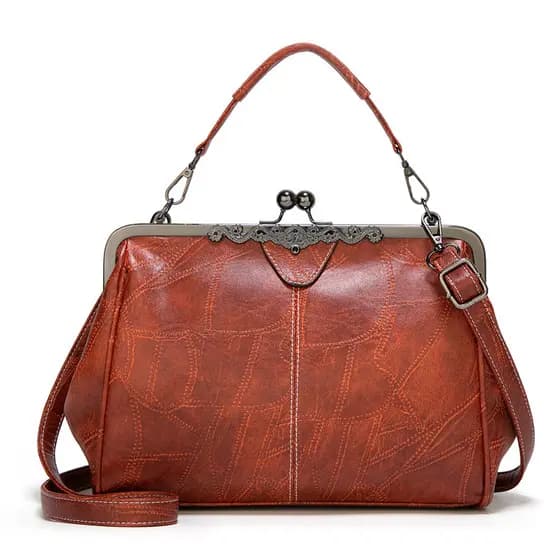 Bolsa Feminina Vintage PU Grande Capacidade Batente Metálico Bolsa de Mão Transversal para Trabalho Festa e Uso Diário