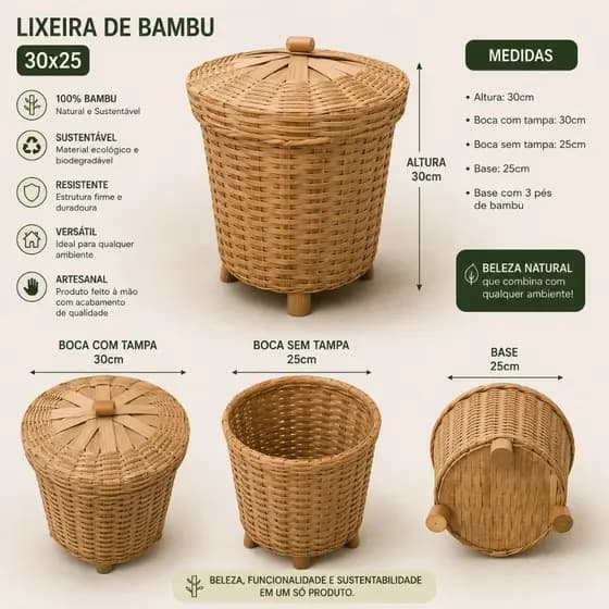 Lixeira De Bambu 30x25cm Com Tampa Decorativa