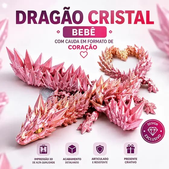 Dragão Cristal Bebê Articulado Cauda Coração Impressão 3D Decoração Geek