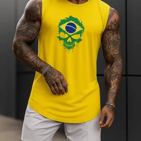 Regata Masculina Academia Algodão Caveira Brasileira 100% Estampada Premium Treino Fitness Casual Streetwear Verão