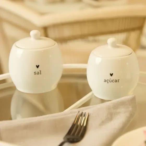 Açucareiro ou Saleiro Bojudo de Porcelana Artesanal Branco com Tampa – Unidade ou Kit Sal Açúcar