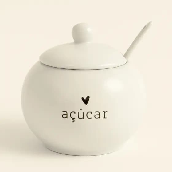 Açucareiro de Porcelana Com Tampa e Colher Porta Açúcar