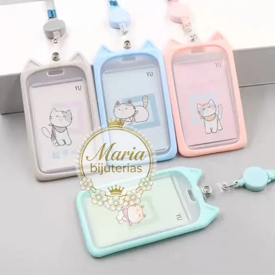 Porta cartão crachá com cordão Orelha de Gato e Urso Suporte de plástico para cartão retrátil