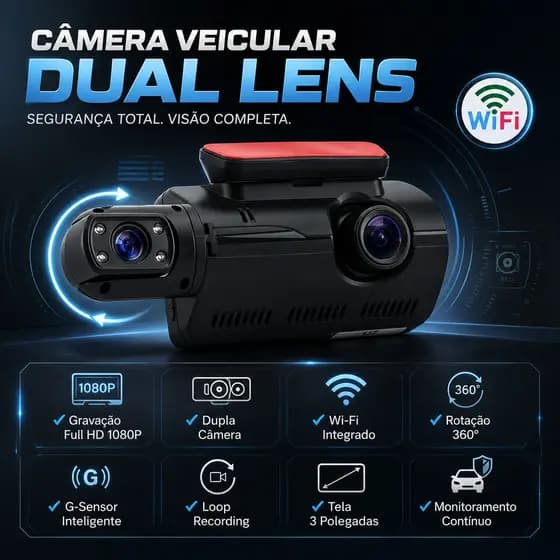 Câmera Veicular DVR Dual Lens Full HD 1080P com Wi-Fi, Câmera Frontal e Traseira, Rotação 360°, Tela 3” e G-Sensor