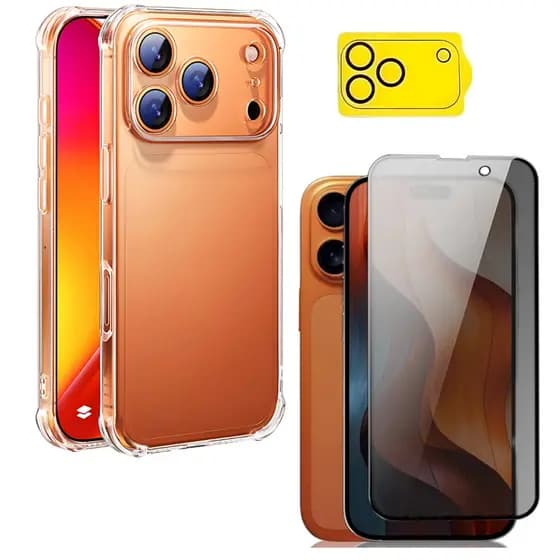 Kit 3 em 1 Capa Anti Impacto + Película 9D Privacidade + Película Câmera iPhone 17 / 17 Air / 17 Pro / 17 Pro Max