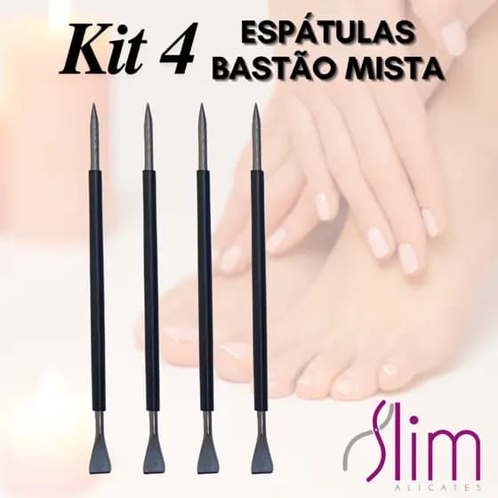 Kit 04 Espátulas Slim - Bastão Mista Unha Inox PRETO Com Silicone Cutelaria Manicure