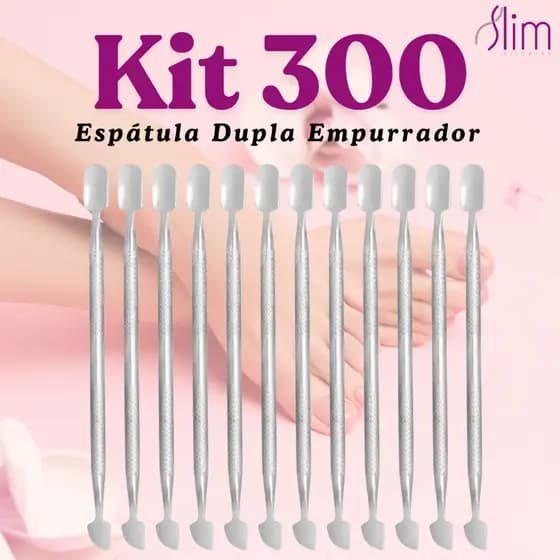 Kit com 300 Espátula Dupla Empurrador Inox Profissional Manicure e Pedicuro - Slim