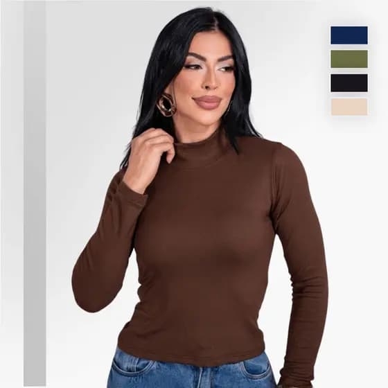 Blusa Cacharrel Feminina Manga Longa Gola Alta Canelada Básica Elegante