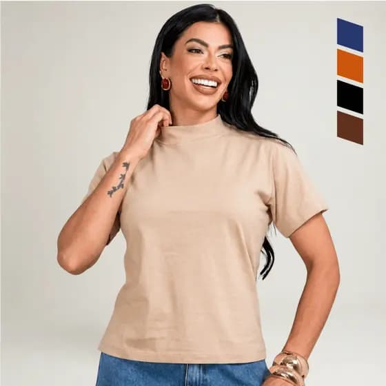 Blusa Feminina Tecido Premium TShirt Gola Alta Casual Elegante Costura Moderna 100% Algodão