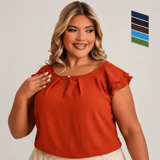 Blusa Feminina Plus Size Manga Curta Babado Tecido Leve Blusinha Soltinha Elegante