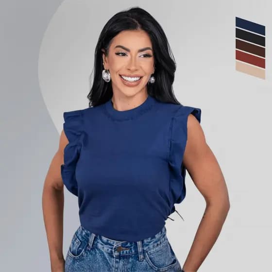 Blusa Feminina Regata Muscle Tee Com Babado Ombro Elegante Casual Tecido Premium 100% Algodão