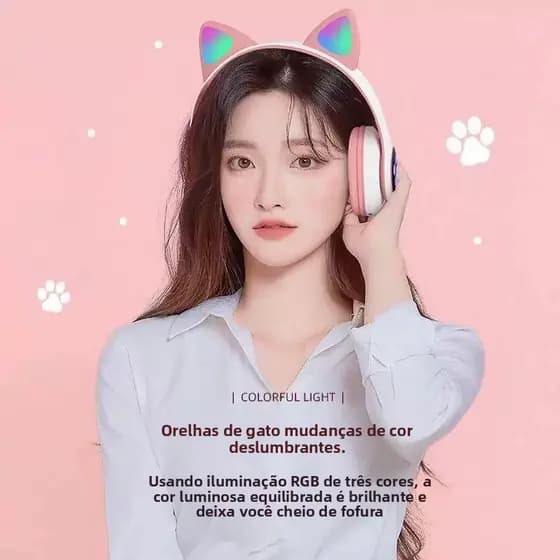 Fone Bluetooth Sem Fio Orelha de Gato Fofo LED
