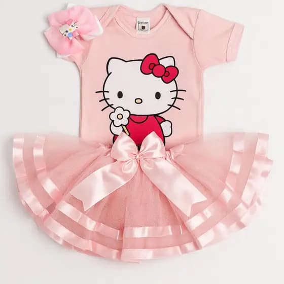Kit Mesversário Hello Kitty Body Bebê com Tule de Luxo e Laço Fantasia