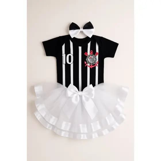 Body Corinthians Mesversário Menina com Tule de Luxo e Laço Kit Torcedor