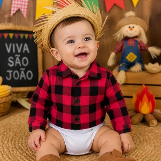 Body Bebê Festa Junina Xadrez Roupa São João Menino Look Caipira Confortável Manga Longa