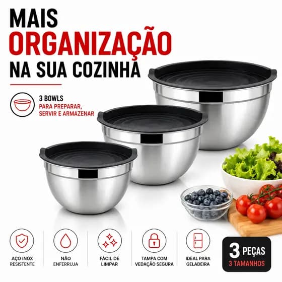 Kit Bowl Inox Com Tampa Silicone 3 Peças Tigela Saladeira Aço Inox Para Armazenar Alimentos