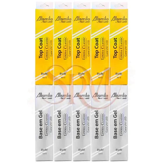 Kit 5 Refil Top Coat + 5 Refil Base Gel All Smile 10ml - Real Love