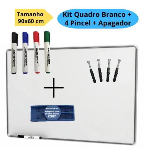 Lousa Branca Quadro Branco 90x60cm + 4 Pincel Marcadores + 1 Apagador Didática Média