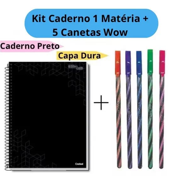 Kit Caderno Universitário 1 Matéria + 5 Canetas Wow Coloridas Fundo Escuro 0.7mm Caderno Capa Dura Preto Escolar