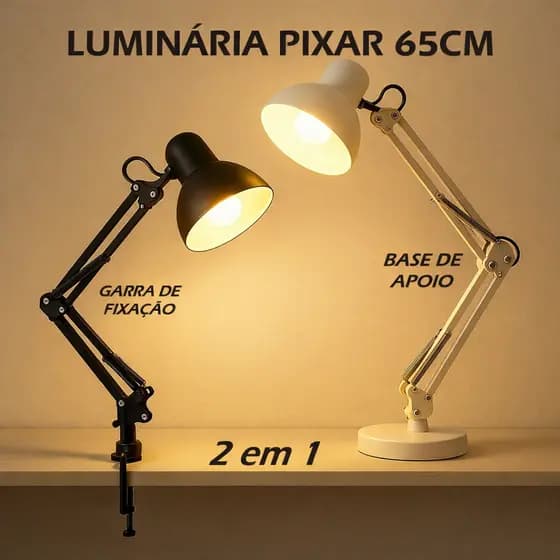Luminária Mesa Pixar Articulada Abajur Escritório Garra Base Preto Branco Rosa Bivolt LED