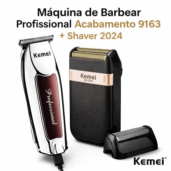 Kit 2 Maquininhas Kemei Profissional Cabelo Barba Acabamento KM-2024 + KM-9163 Recarregáveis