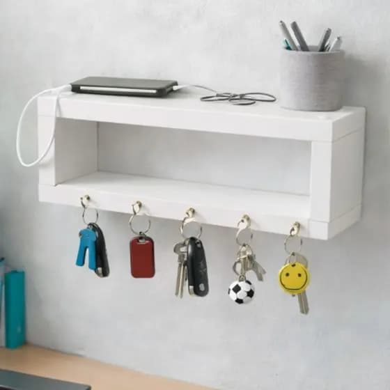 Porta Chaves Com Nicho Decorativo MDF Parede Chaveiro Branco Organizador Hall Entrada Sala Cozinha