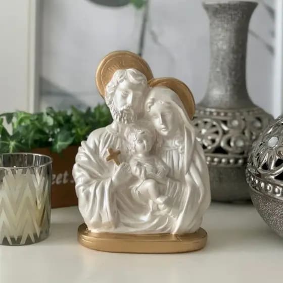Imagem Sagrada Família Decoração - Altar - 20cm - Pó de mármore - Dourada - Cobre - Barroco