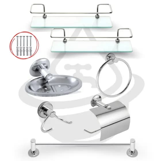Kit Acessórios Banheiro 7 Peças Inox + 2 Porta Shampoo Reto Vidro Incolor Temperado Completo Organizador Box