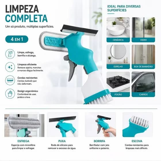 Rodo Spray Mop com Escova Multiuso – Limpa Vidro, Azulejo e Janela com Escova Reservatório 250ml – Envio Imediato