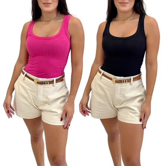 Kit 2 Regatas Femininas Básicas Caneladas Ribana Decotadas